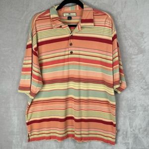 Tommy Bahama Shirt Mens Large Pink Striped Silk Short Sleeve Polo Resort Casual
